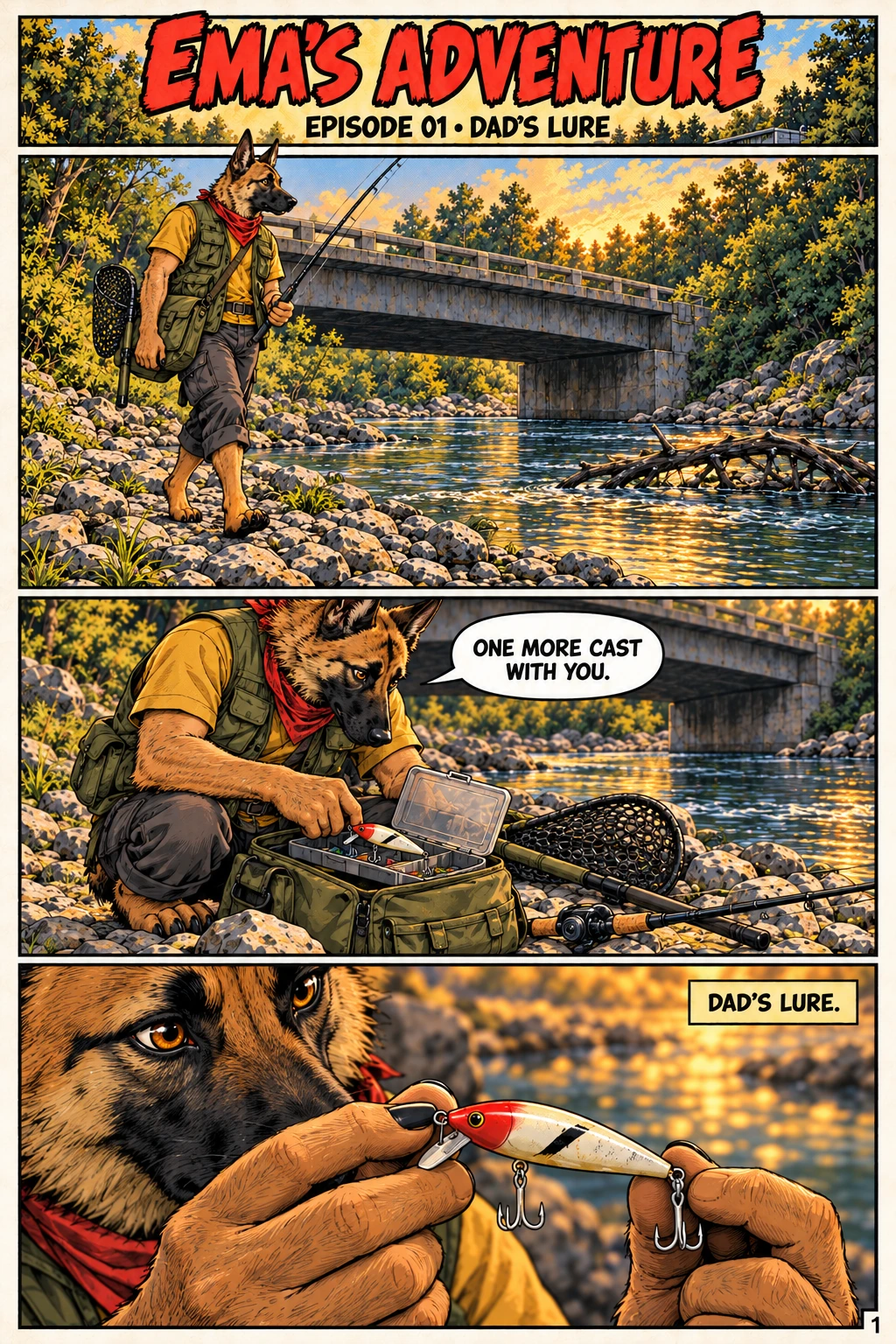 Episode 1, page 1 of 12; English comic artwork and dialogue