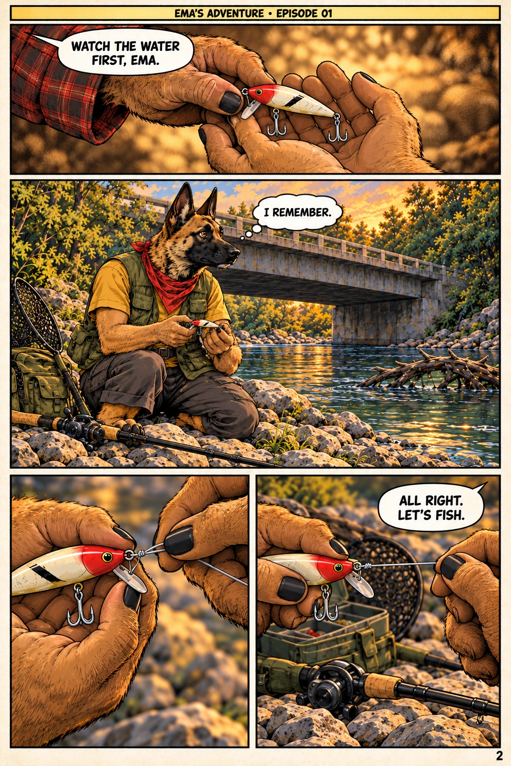 Episode 1, page 2 of 12; English comic artwork and dialogue
