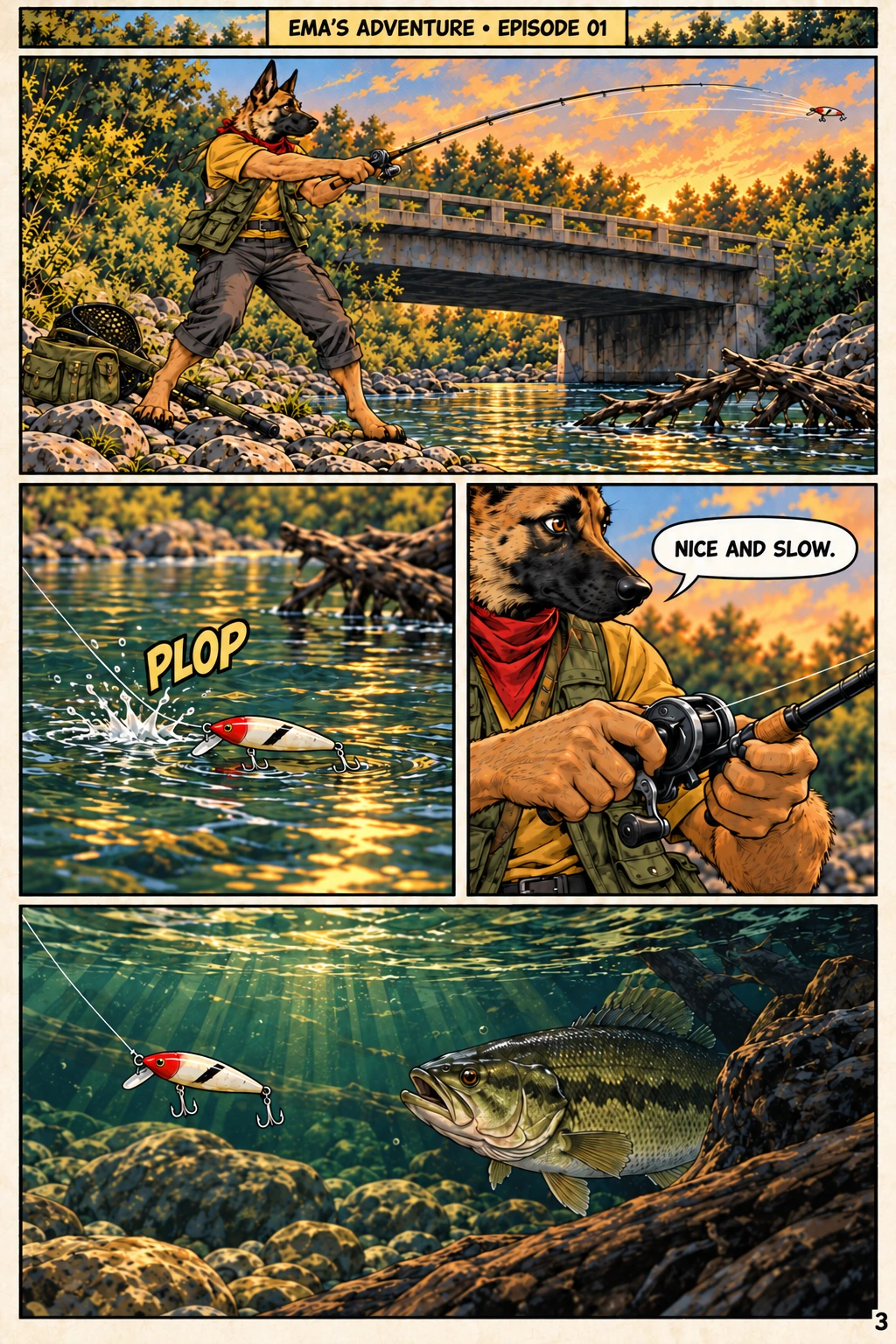 Episode 1, page 3 of 12; English comic artwork and dialogue