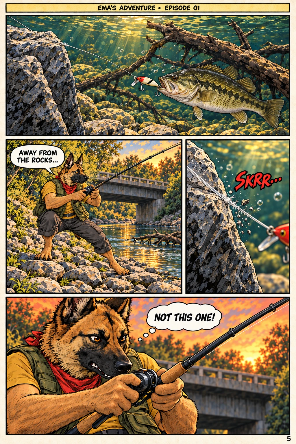 Episode 1, page 5 of 12; English comic artwork and dialogue