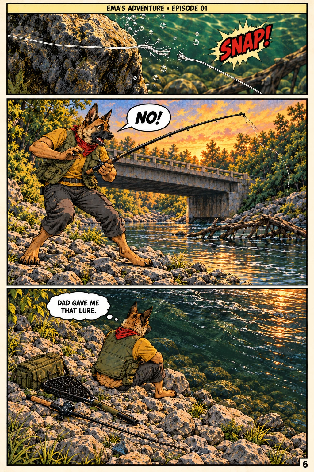 Episode 1, page 6 of 12; English comic artwork and dialogue