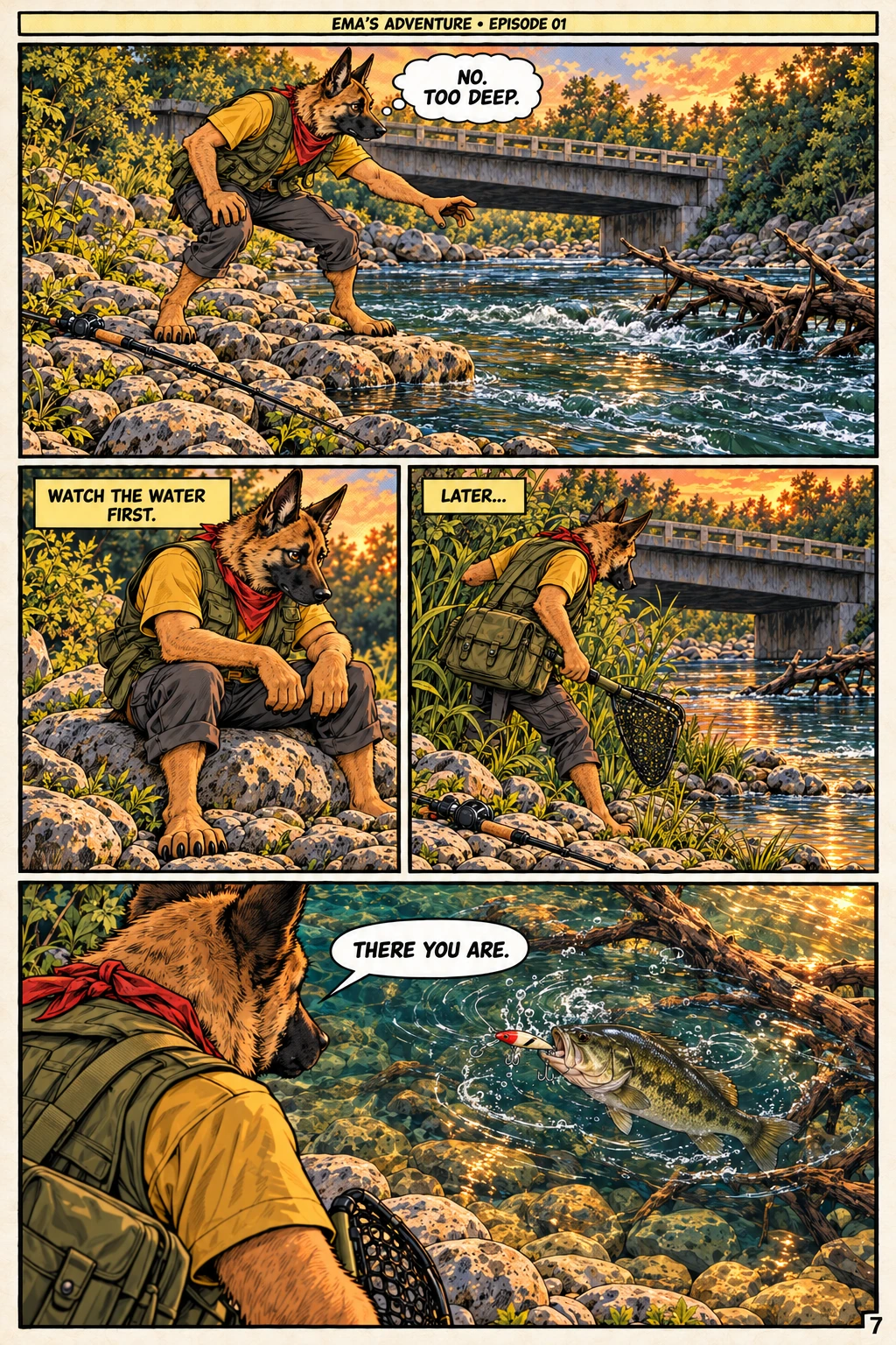 Episode 1, page 7 of 12; English comic artwork and dialogue