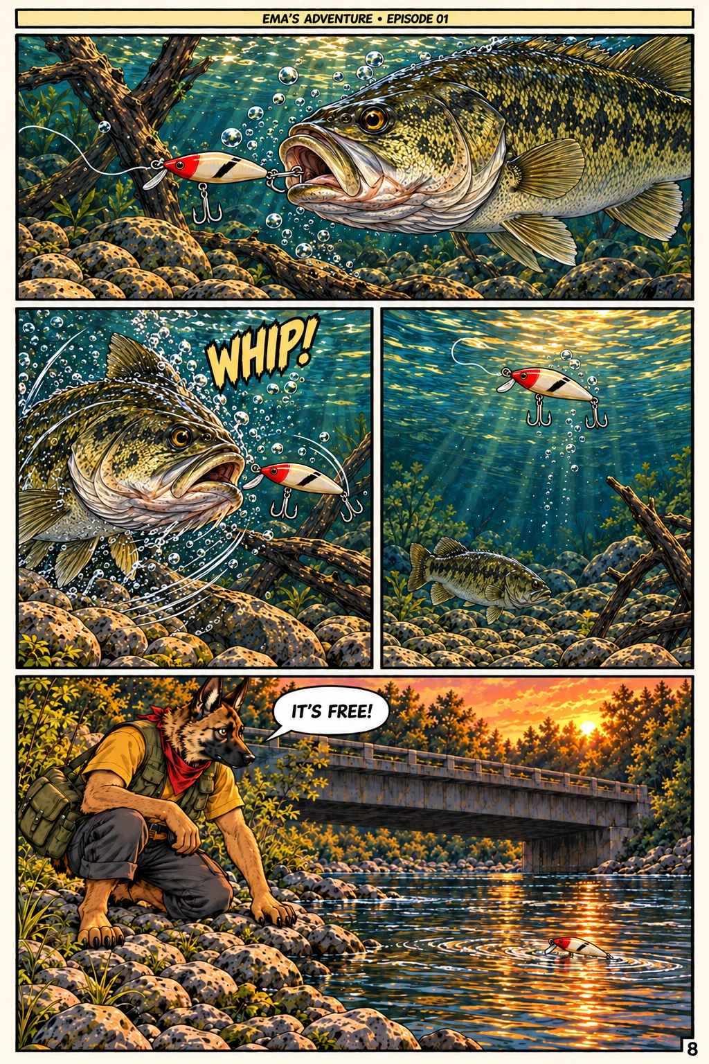 Episode 1, page 8 of 12; English comic artwork and dialogue