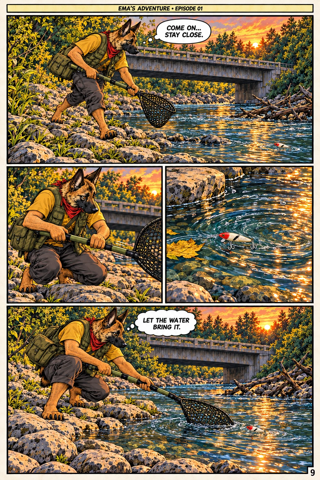 Episode 1, page 9 of 12; English comic artwork and dialogue