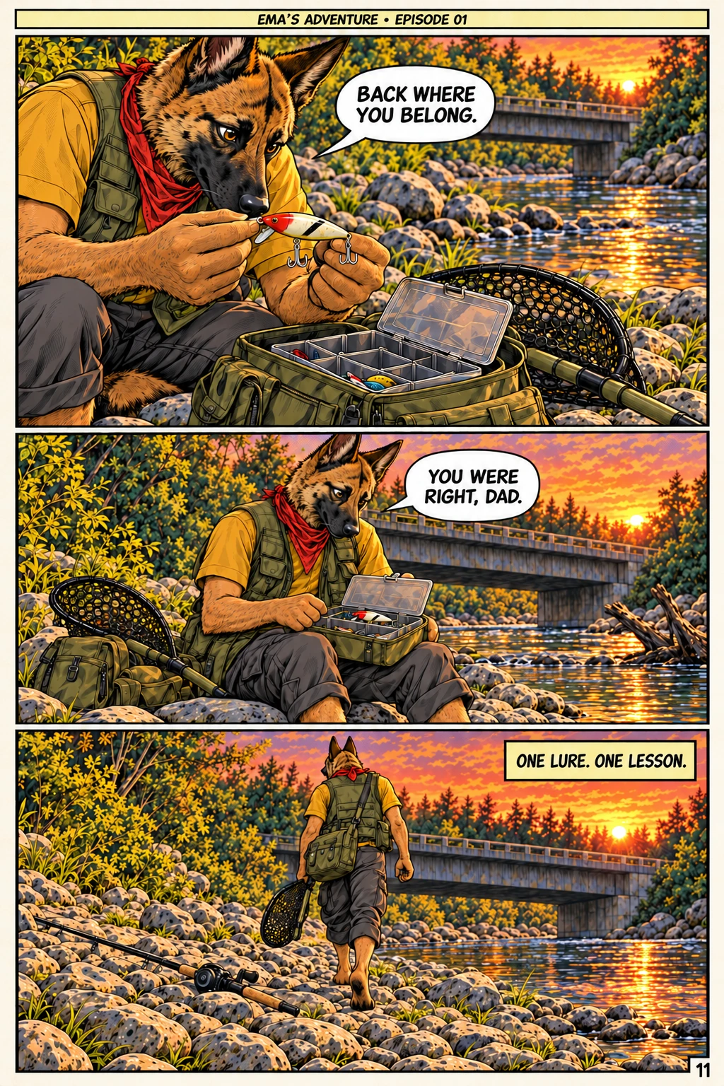 Episode 1, page 11 of 12; English comic artwork and dialogue