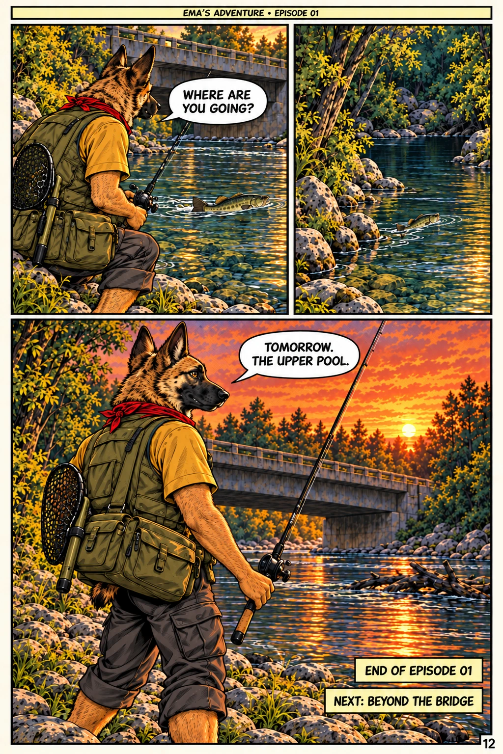 Episode 1, page 12 of 12; English comic artwork and dialogue