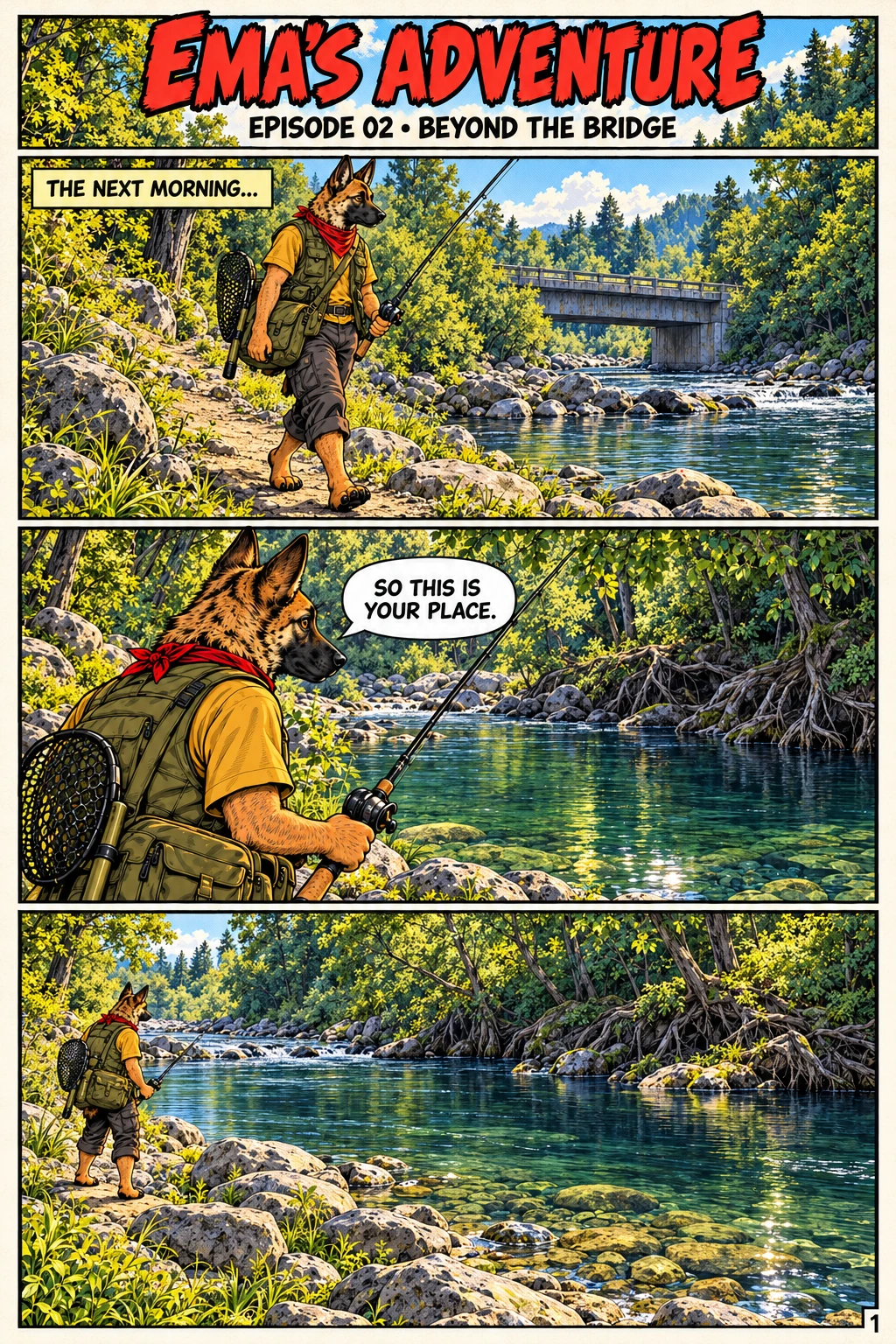 Episode 2, page 1 of 12; English comic artwork and dialogue