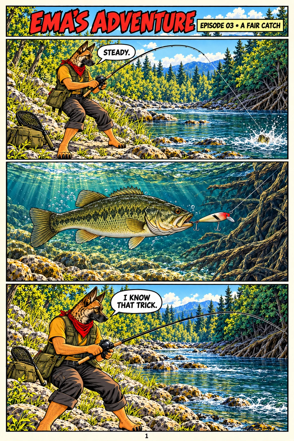 Episode 3, page 1 of 12; English comic artwork and dialogue