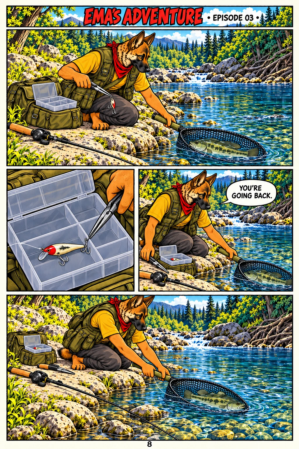 Episode 3, page 8 of 12; English comic artwork and dialogue