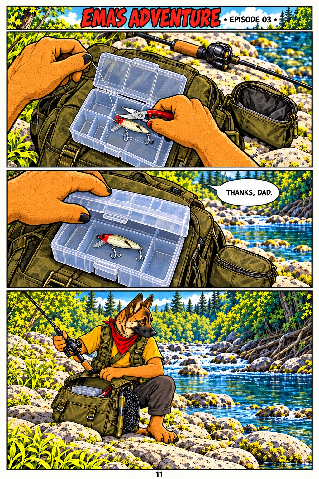 Episode 3, page 11 of 12; English comic artwork and dialogue